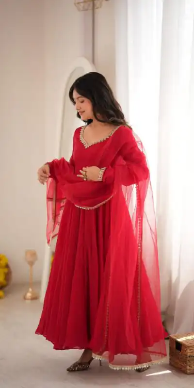 SRK 5355 Red Doremon Crush Gown with Lace Work & Mirror Work. Exclusive Offer ₹2099. Delivery 4-6 Working Days. Shop now. | Bollywood Gowns, Creative Gowns, Designer Gowns, Embroidered Gowns, Gowns, Party Wear Gowns