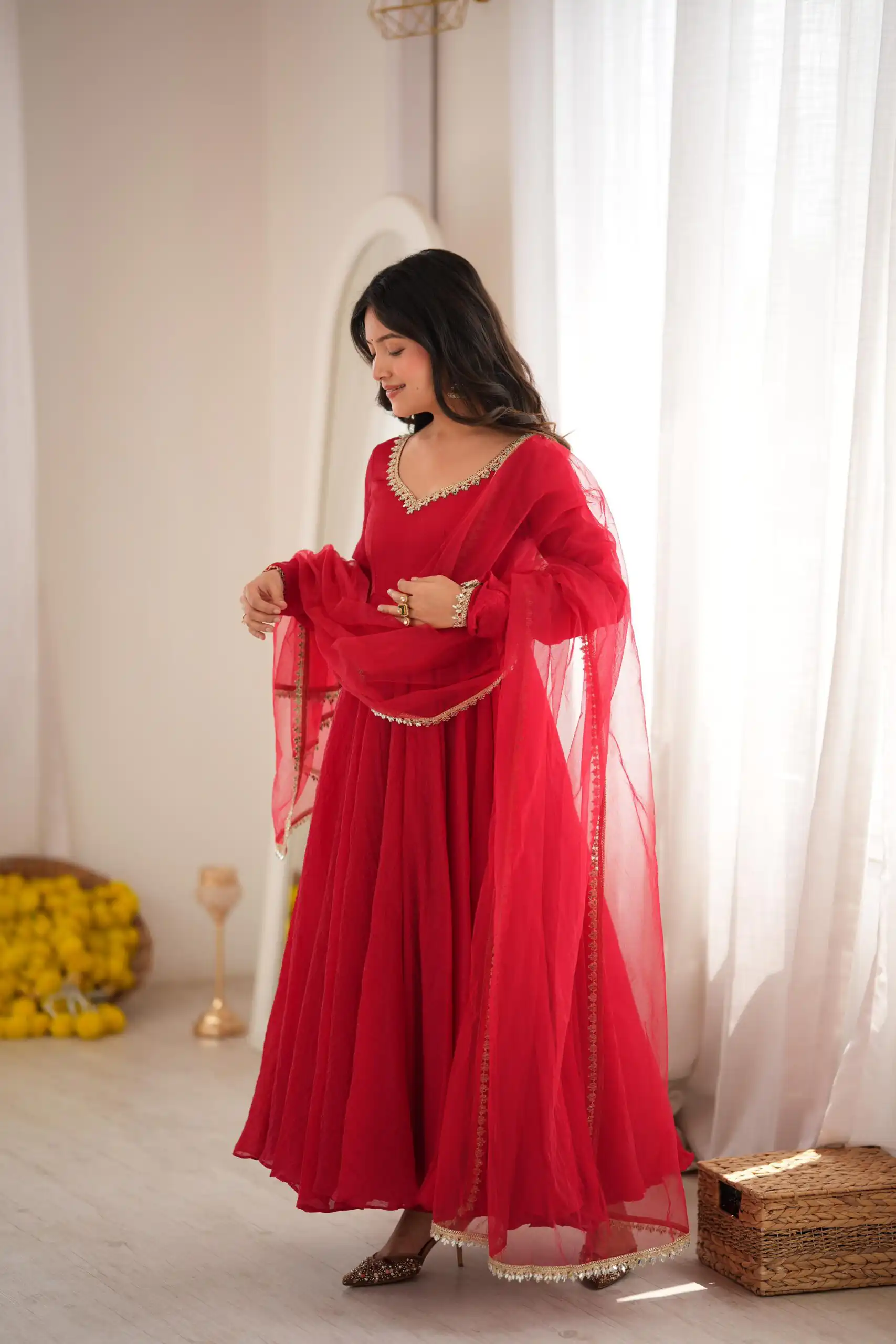 SRK 5355 Red Doremon Crush Gown with Lace Work & Mirror Work. Exclusive Offer ₹2099. Delivery 4-6 Working Days. Shop now. | Bollywood Gowns, Creative Gowns, Designer Gowns, Embroidered Gowns, Gowns, Party Wear Gowns