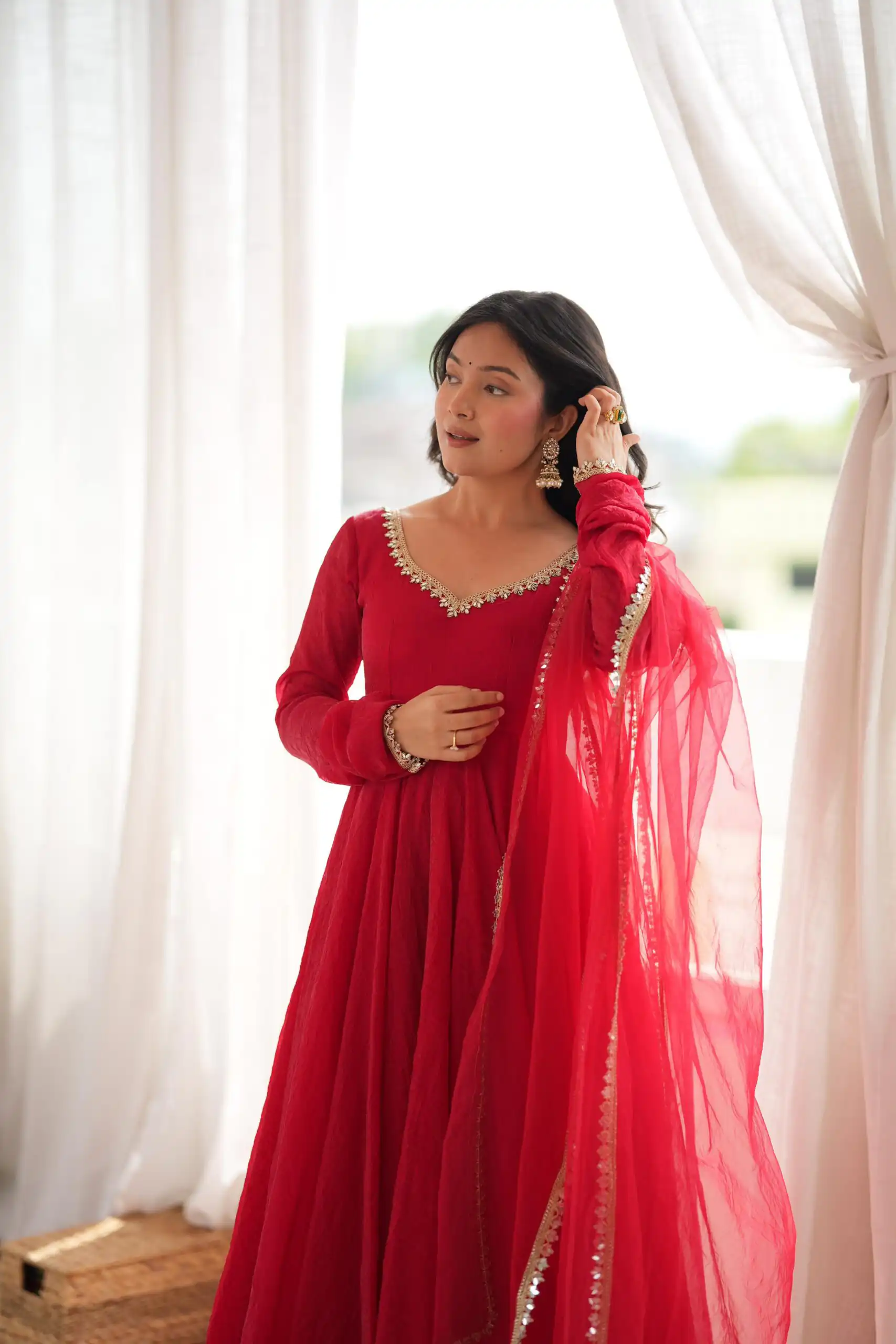 SRK 5355 Red Doremon Crush Gown with Lace Work & Mirror Work. Exclusive Offer ₹2099. Delivery 4-6 Working Days. Shop now. | Bollywood Gowns, Creative Gowns, Designer Gowns, Embroidered Gowns, Gowns, Party Wear Gowns