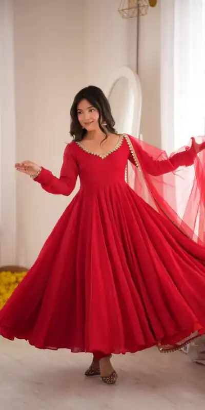 SRK 5355 Red Doremon Crush Gown with Lace Work & Mirror Work. Exclusive Offer ₹2099. Delivery 4-6 Working Days. Shop now. | Bollywood Gowns, Creative Gowns, Designer Gowns, Embroidered Gowns, Gowns, Party Wear Gowns