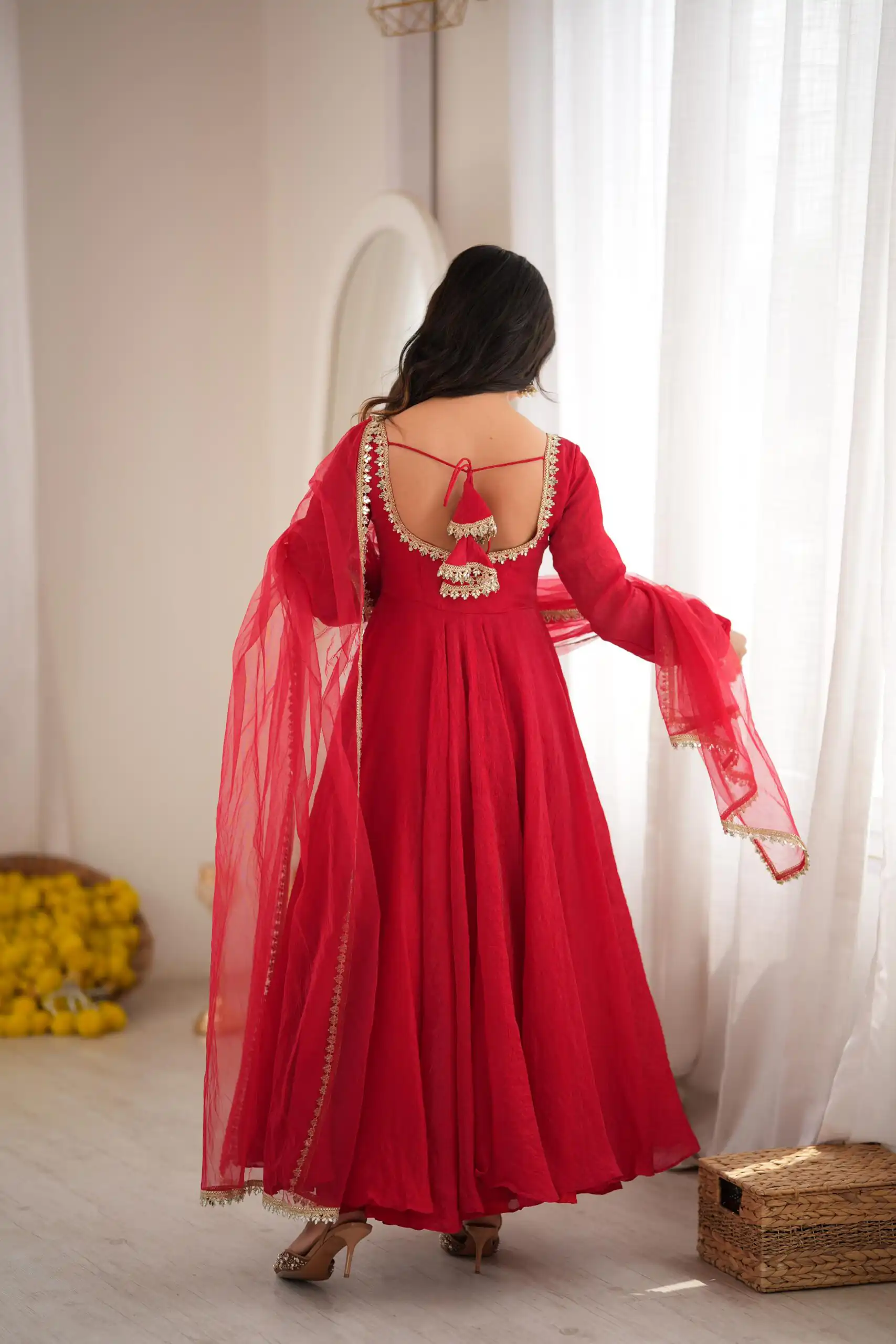SRK 5355 Red Doremon Crush Gown with Lace Work & Mirror Work. Exclusive Offer ₹2099. Delivery 4-6 Working Days. Shop now. | Bollywood Gowns, Creative Gowns, Designer Gowns, Embroidered Gowns, Gowns, Party Wear Gowns