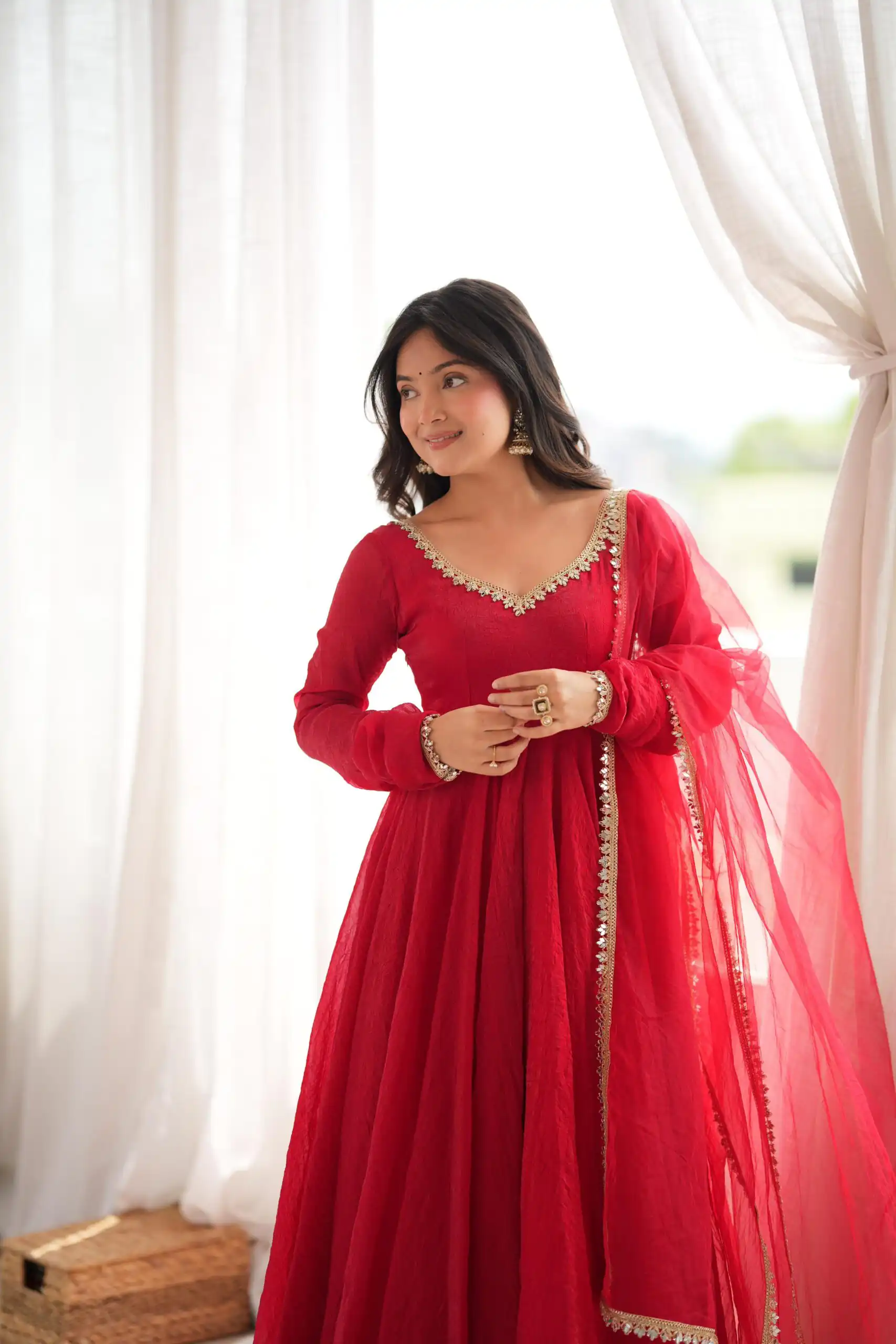 SRK 5355 Red Doremon Crush Gown with Lace Work & Mirror Work. Exclusive Offer ₹2099. Delivery 4-6 Working Days. Shop now. | Bollywood Gowns, Creative Gowns, Designer Gowns, Embroidered Gowns, Gowns, Party Wear Gowns