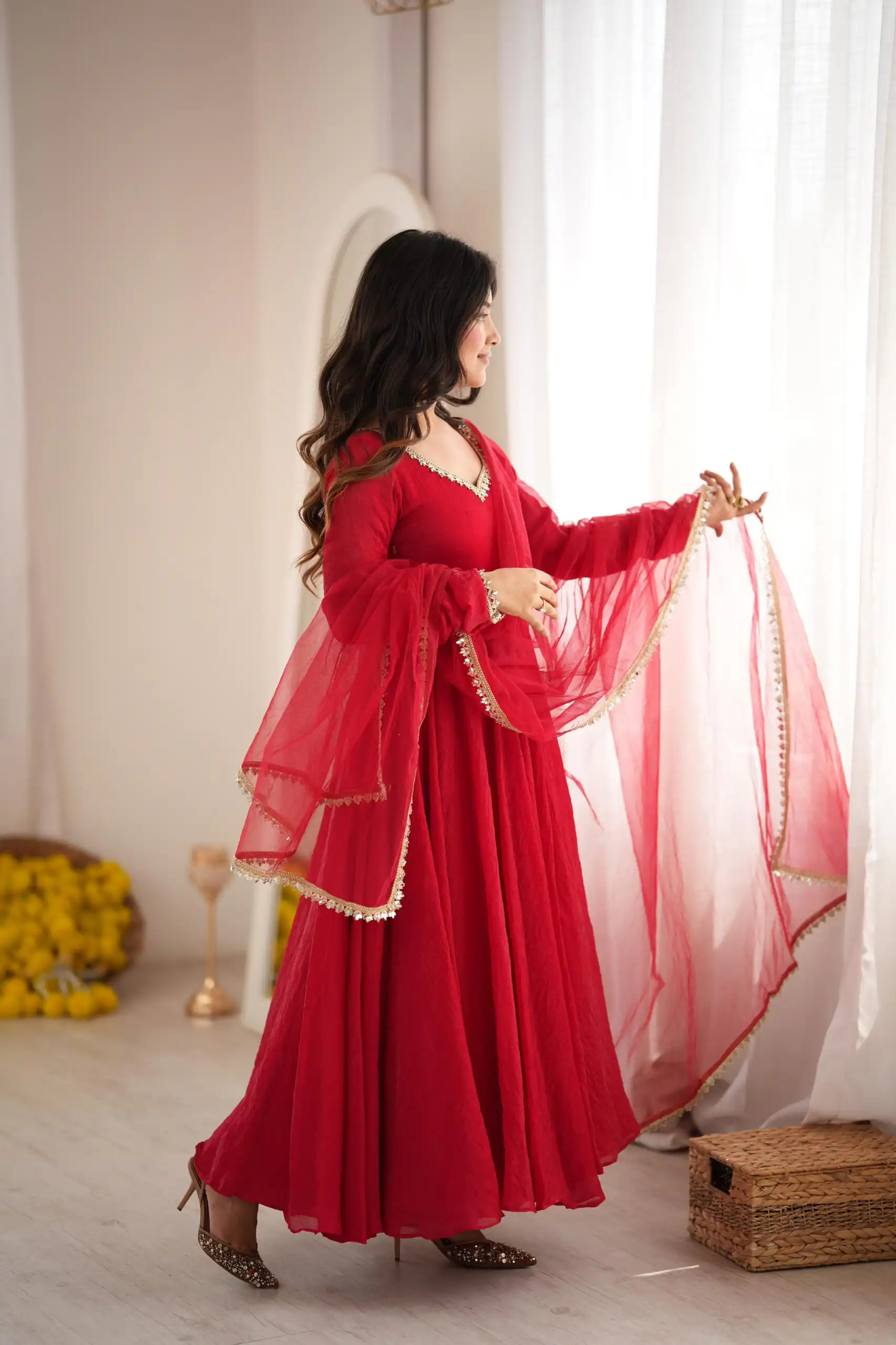 SRK 5355 Red Doremon Crush Gown with Lace Work & Mirror Work. Exclusive Offer ₹2099. Delivery 4-6 Working Days. Shop now. | Bollywood Gowns, Creative Gowns, Designer Gowns, Embroidered Gowns, Gowns, Party Wear Gowns