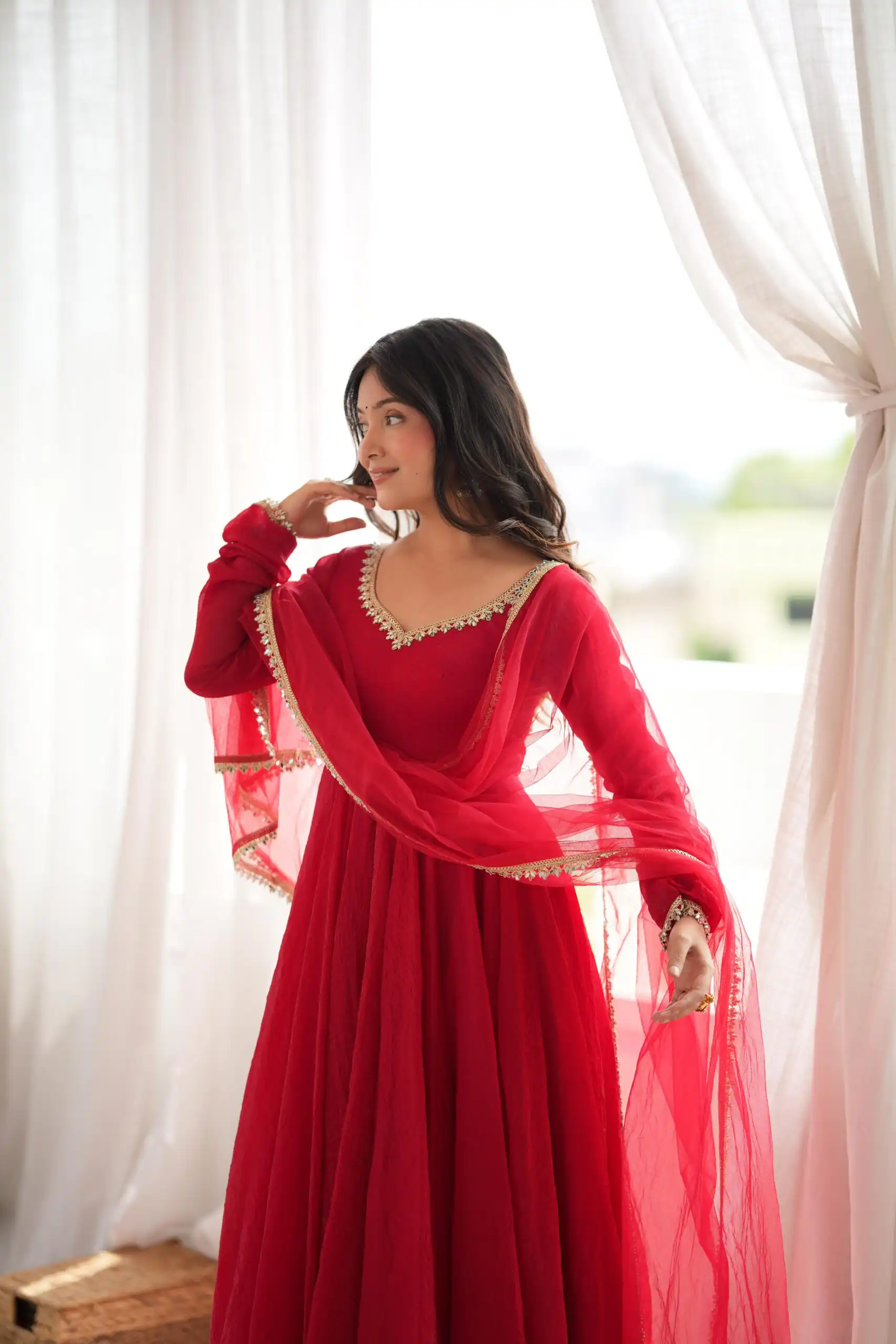 SRK 5355 Red Doremon Crush Gown with Lace Work & Mirror Work. Exclusive Offer ₹2099. Delivery 4-6 Working Days. Shop now. | Bollywood Gowns, Creative Gowns, Designer Gowns, Embroidered Gowns, Gowns, Party Wear Gowns