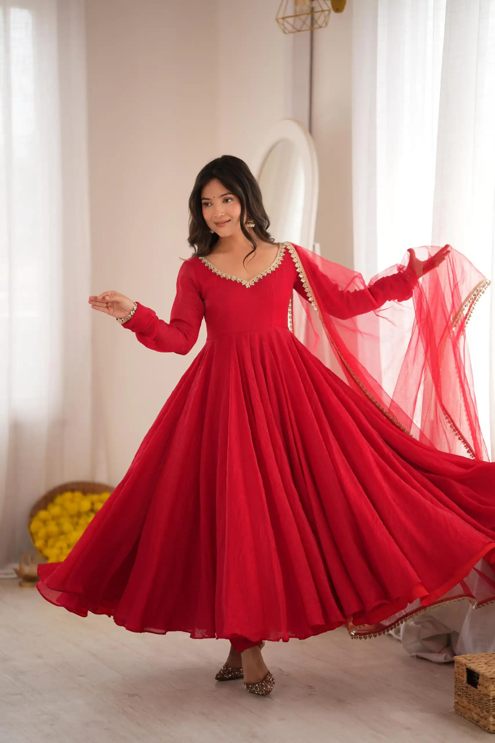 SRK 5355 Red Doremon Crush Gown with Lace Work & Mirror Work. Exclusive Offer ₹2099. Delivery 4-6 Working Days. Shop now. | Bollywood Gowns, Creative Gowns, Designer Gowns, Embroidered Gowns, Gowns, Party Wear Gowns