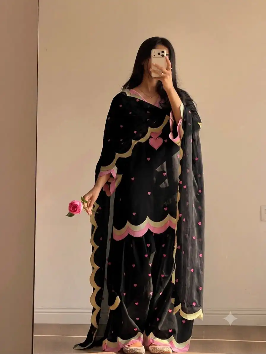 BE 490 Black Mul Chanderi Salwar Suit with Embroidery Work & Sequins Work. Festive Deal ₹2399. Delivery 4-6 Working Days. Shop nowp | Casual Suits, Jump Suits, Creative suits, Designer Suits, Palazzo Suits, Party Wear Suits, Patiala Suits, Salwar suit, Straight Suits