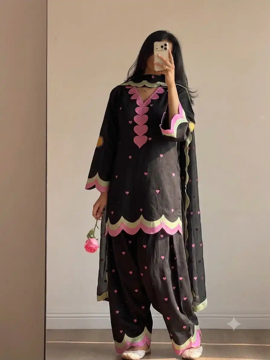 BE 490 Black Mul Chanderi Salwar Suit with Embroidery Work & Sequins Work. Festive Deal ₹2399. Delivery 4-6 Working Days. Shop nowp | Casual Suits, Jump Suits, Creative suits, Designer Suits, Palazzo Suits, Party Wear Suits, Patiala Suits, Salwar suit, Straight Suits