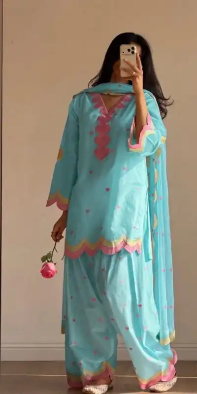 BE 490 Blue Mul Chanderi Salwar Suit with Embroidery Work & Sequins Work. Festive Deal ₹2399. Delivery 4-6 Working Days. Shop nowp | Casual Suits, Jump Suits, Creative suits, Designer Suits, Palazzo Suits, Party Wear Suits, Patiala Suits, Salwar suit, Straight Suits