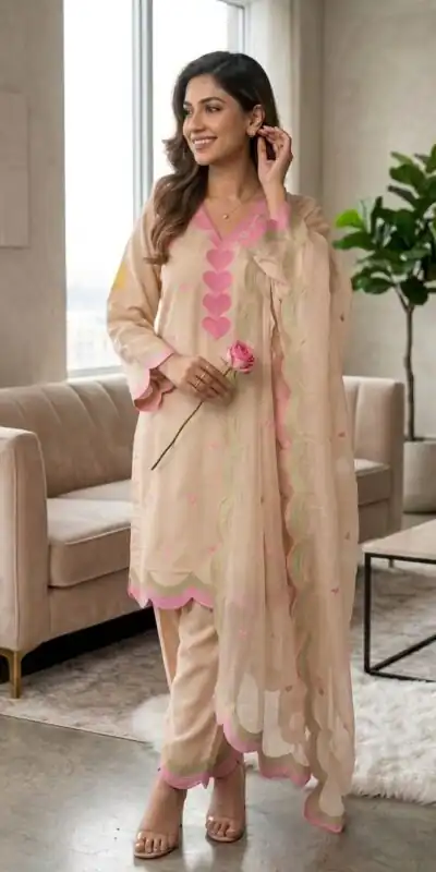 BE 490 Chiku Mul Chanderi Salwar Suit with Embroidery Work & Sequins Work. Festive Deal ₹2399. Delivery 4-6 Working Days. Shop nowp | Casual Suits, Jump Suits, Creative suits, Designer Suits, Palazzo Suits, Party Wear Suits, Patiala Suits, Salwar suit, Straight Suits