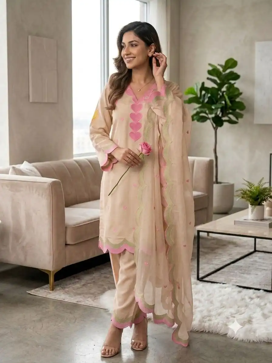 BE 490 Chiku Mul Chanderi Salwar Suit with Embroidery Work & Sequins Work. Festive Deal ₹2399. Delivery 4-6 Working Days. Shop nowp | Casual Suits, Jump Suits, Creative suits, Designer Suits, Palazzo Suits, Party Wear Suits, Patiala Suits, Salwar suit, Straight Suits