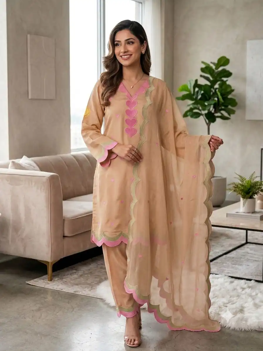 BE 490 Chiku Mul Chanderi Salwar Suit with Embroidery Work & Sequins Work. Festive Deal ₹2399. Delivery 4-6 Working Days. Shop nowp | Casual Suits, Jump Suits, Creative suits, Designer Suits, Palazzo Suits, Party Wear Suits, Patiala Suits, Salwar suit, Straight Suits