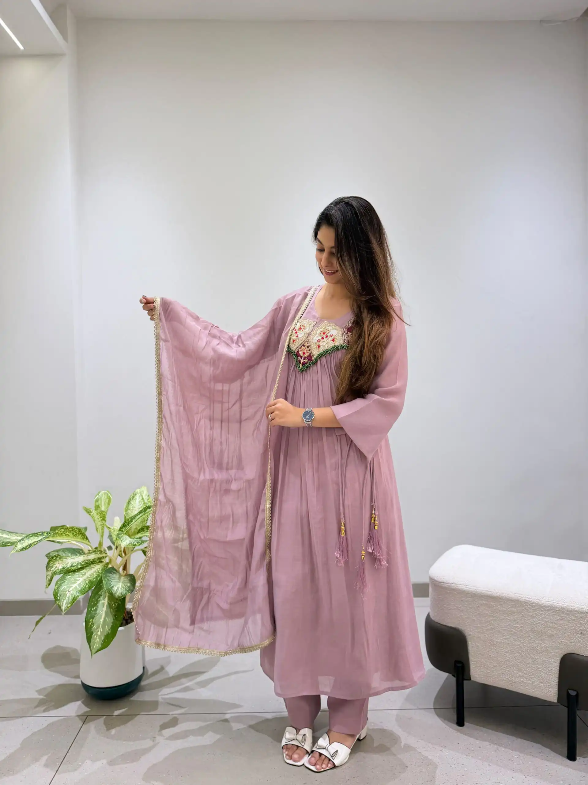 LG 2145 Lavender Mul Chanderi Salwar Suit with Embroidery Work & Sequins Work. Festive Deal ₹2799. Delivery 4-6 Working Days. Shop nowp | Casual Suits, Jump Suits, Creative suits, Designer Suits, Palazzo Suits, Party Wear Suits, Patiala Suits, Salwar suit, Straight Suits