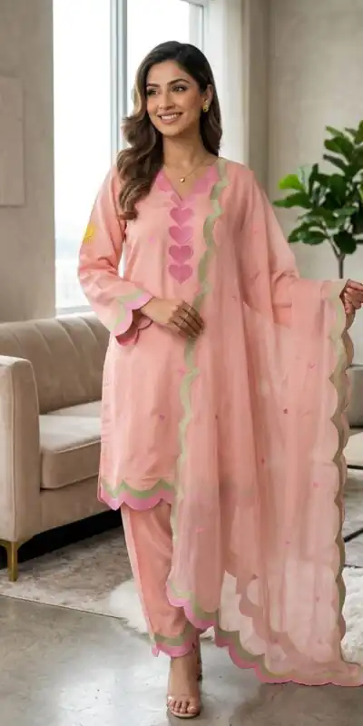 BE 490 Peach Mul Chanderi Salwar Suit with Embroidery Work & Sequins Work. Festive Deal ₹2399. Delivery 4-6 Working Days. Shop nowp | Casual Suits, Jump Suits, Creative suits, Designer Suits, Palazzo Suits, Party Wear Suits, Patiala Suits, Salwar suit, Straight Suits