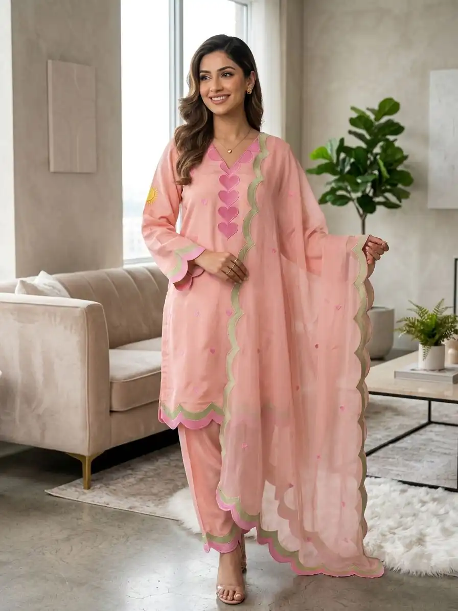 BE 490 Peach Mul Chanderi Salwar Suit with Embroidery Work & Sequins Work. Festive Deal ₹2399. Delivery 4-6 Working Days. Shop nowp | Casual Suits, Jump Suits, Creative suits, Designer Suits, Palazzo Suits, Party Wear Suits, Patiala Suits, Salwar suit, Straight Suits