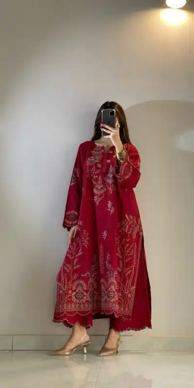 LG 2150 Red Mul Chanderi Salwar Suit with Embroidery Work & Sequins Work. Festive Deal ₹2349. Delivery 4-6 Working Days. Shop nowp | Casual Suits, Jump Suits, Creative suits, Designer Suits, Palazzo Suits, Party Wear Suits, Patiala Suits, Salwar suit, Straight Suits