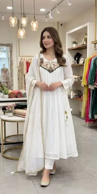 LG 2145 White Mul Chanderi Salwar Suit with Embroidery Work & Sequins Work. Festive Deal ₹2799. Delivery 4-6 Working Days. Shop nowp | Casual Suits, Jump Suits, Creative suits, Designer Suits, Palazzo Suits, Party Wear Suits, Patiala Suits, Salwar suit, Straight Suits
