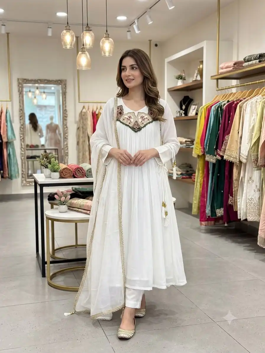 LG 2145 White Mul Chanderi Salwar Suit with Embroidery Work & Sequins Work. Festive Deal ₹2799. Delivery 4-6 Working Days. Shop nowp | Casual Suits, Jump Suits, Creative suits, Designer Suits, Palazzo Suits, Party Wear Suits, Patiala Suits, Salwar suit, Straight Suits