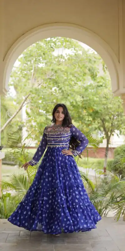 KA 1277 Blue in Colour Faux Georgette Bandhani Print Work Gown. Available at ₹2119 only. Delivery 4-6 Working Days. Shop now. | Bollywood Gowns, Creative Gowns, Designer Gowns, Embroidered Gowns, Gowns, Party Wear Gowns