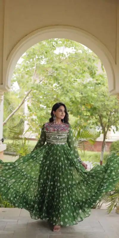 KA 1277 Green in Colour Faux Georgette Bandhani Print Work Gown. Available at ₹2119 only. Delivery 4-6 Working Days. Shop now. | Bollywood Gowns, Creative Gowns, Designer Gowns, Embroidered Gowns, Gowns, Party Wear Gowns