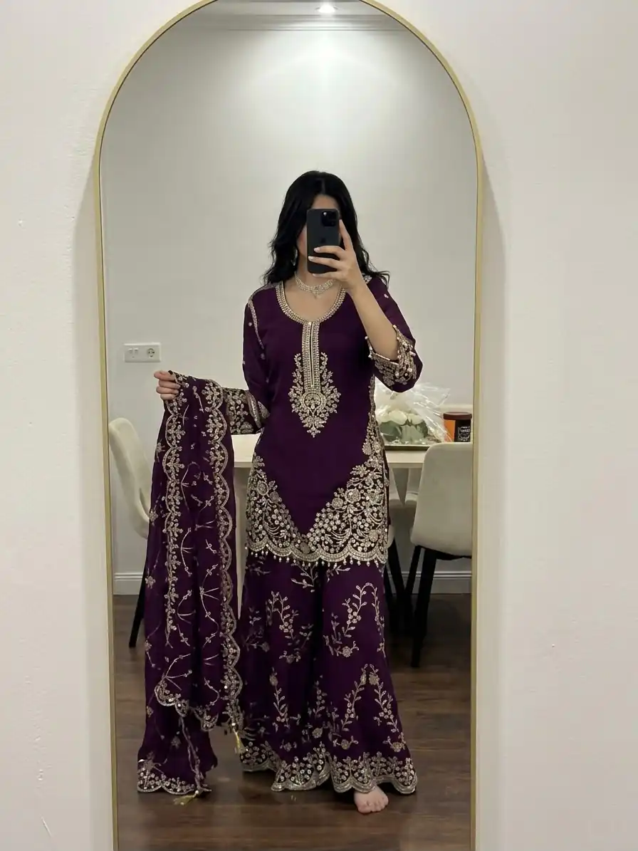 ZSR 3187 Purple Faux Georgette Salwar Suit with Mirror Work & Embroidery Work. Get it for ₹2349. Delivery 4-6 Working Days. Shop now. | Casual Suits, Jump Suits, Creative suits, Designer Suits, Palazzo Suits, Party Wear Suits, Patiala Suits, Salwar suit, Straight Suits