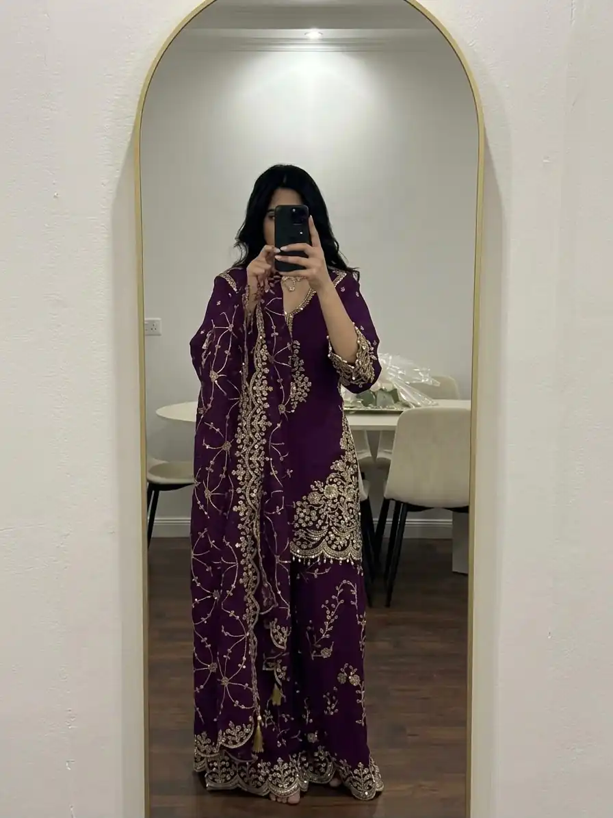 ZSR 3187 Purple Faux Georgette Salwar Suit with Mirror Work & Embroidery Work. Get it for ₹2349. Delivery 4-6 Working Days. Shop now. | Casual Suits, Jump Suits, Creative suits, Designer Suits, Palazzo Suits, Party Wear Suits, Patiala Suits, Salwar suit, Straight Suits