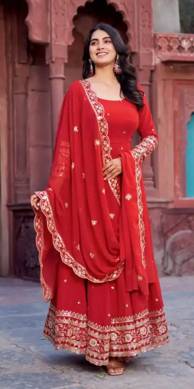 SP 23 Red Faux Georgette Gown with Mirror Work & Embroidery Work. Get it for ₹2299. Delivery 4-6 Working Days. Online Shop now. | Bollywood Gowns, Creative Gowns, Designer Gowns, Embroidered Gowns, Gowns, Party Wear Gowns