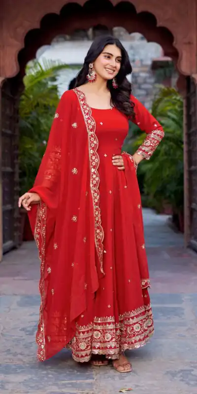 SP 23 Red Faux Georgette Gown with Mirror Work & Embroidery Work. Get it for ₹2299. Delivery 4-6 Working Days. Online Shop now. | Bollywood Gowns, Creative Gowns, Designer Gowns, Embroidered Gowns, Gowns, Party Wear Gowns