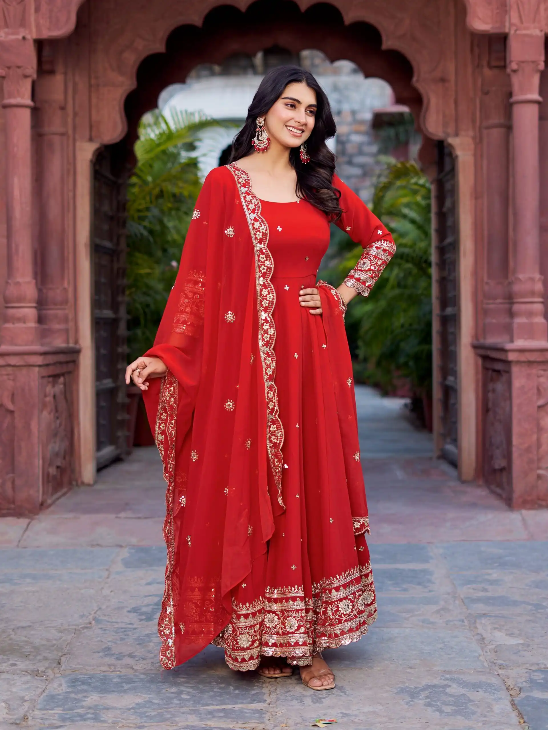 SP 23 Red Faux Georgette Gown with Mirror Work & Embroidery Work. Get it for ₹2299. Delivery 4-6 Working Days. Online Shop now. | Bollywood Gowns, Creative Gowns, Designer Gowns, Embroidered Gowns, Gowns, Party Wear Gowns