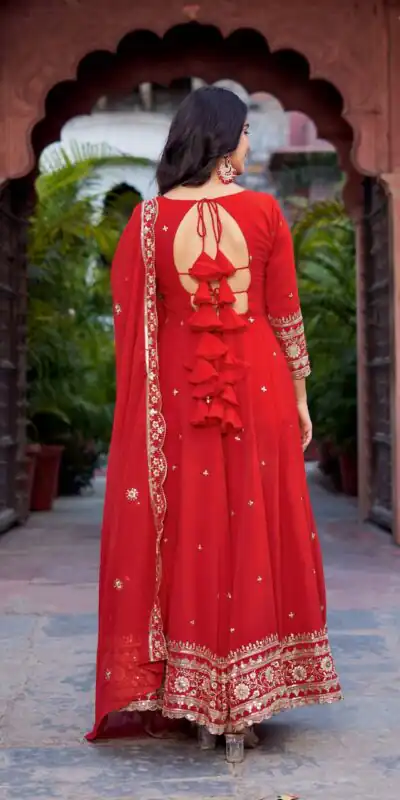 SP 23 Red Faux Georgette Gown with Mirror Work & Embroidery Work. Get it for ₹2299. Delivery 4-6 Working Days. Online Shop now. | Bollywood Gowns, Creative Gowns, Designer Gowns, Embroidered Gowns, Gowns, Party Wear Gowns