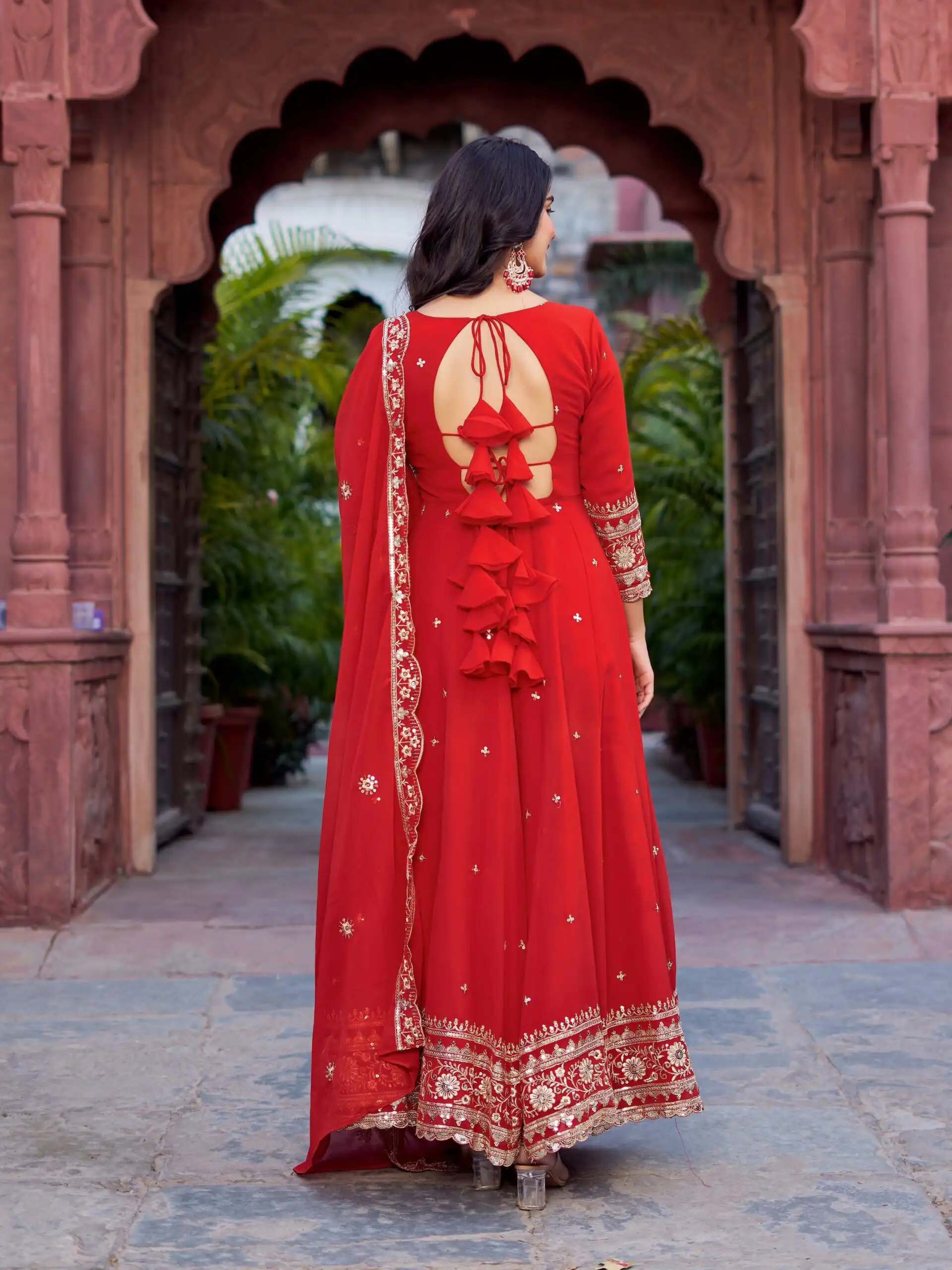 SP 23 Red Faux Georgette Gown with Mirror Work & Embroidery Work. Get it for ₹2299. Delivery 4-6 Working Days. Online Shop now. | Bollywood Gowns, Creative Gowns, Designer Gowns, Embroidered Gowns, Gowns, Party Wear Gowns