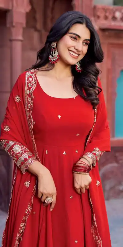 SP 23 Red Faux Georgette Gown with Mirror Work & Embroidery Work. Get it for ₹2299. Delivery 4-6 Working Days. Online Shop now. | Bollywood Gowns, Creative Gowns, Designer Gowns, Embroidered Gowns, Gowns, Party Wear Gowns
