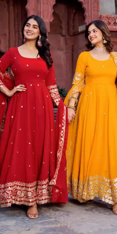 SP 23 Red Faux Georgette Gown with Mirror Work & Embroidery Work. Get it for ₹2299. Delivery 4-6 Working Days. Online Shop now. | Bollywood Gowns, Creative Gowns, Designer Gowns, Embroidered Gowns, Gowns, Party Wear Gowns