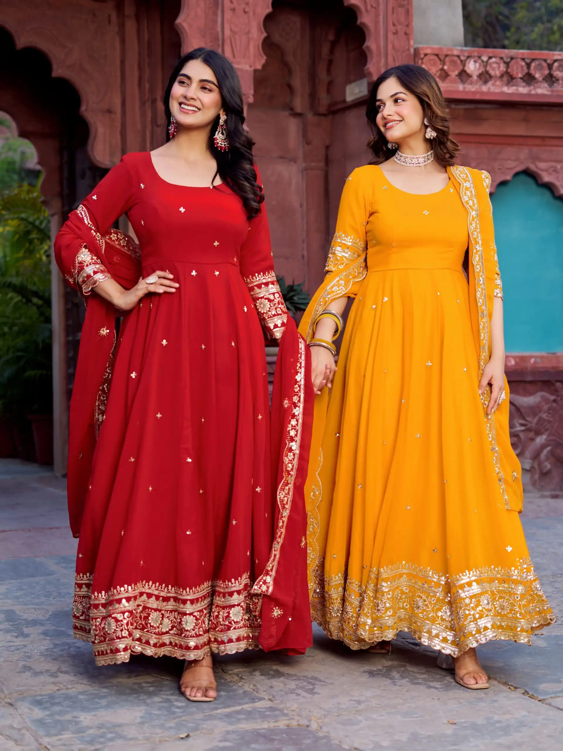 SP 23 Red Faux Georgette Gown with Mirror Work & Embroidery Work. Get it for ₹2299. Delivery 4-6 Working Days. Online Shop now. | Bollywood Gowns, Creative Gowns, Designer Gowns, Embroidered Gowns, Gowns, Party Wear Gowns