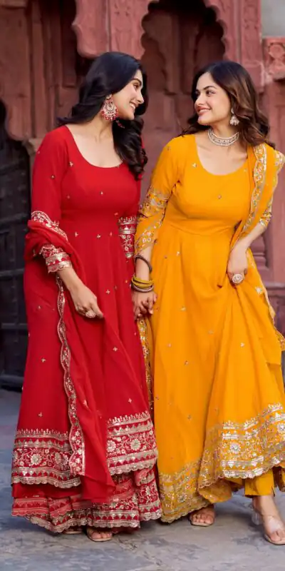 SP 23 Red Faux Georgette Gown with Mirror Work & Embroidery Work. Get it for ₹2299. Delivery 4-6 Working Days. Online Shop now. | Bollywood Gowns, Creative Gowns, Designer Gowns, Embroidered Gowns, Gowns, Party Wear Gowns