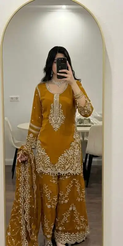 ZSR 3187 Yellow Faux Georgette Salwar Suit with Mirror Work & Embroidery Work. Get it for ₹2349. Delivery 4-6 Working Days. Shop now. | Casual Suits, Jump Suits, Creative suits, Designer Suits, Palazzo Suits, Party Wear Suits, Patiala Suits, Salwar suit, Straight Suits