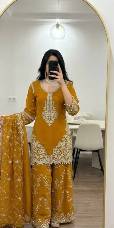 ZSR 3187 Yellow Faux Georgette Salwar Suit with Mirror Work & Embroidery Work. Get it for ₹2349. Delivery 4-6 Working Days. Shop now. | Casual Suits, Jump Suits, Creative suits, Designer Suits, Palazzo Suits, Party Wear Suits, Patiala Suits, Salwar suit, Straight Suits