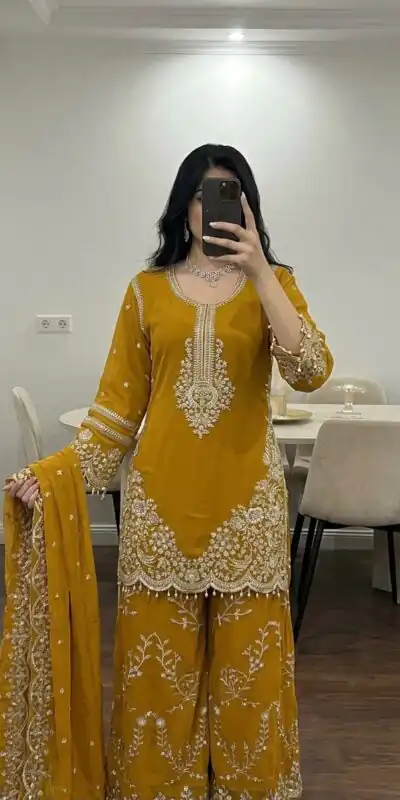 ZSR 3187 Yellow Faux Georgette Salwar Suit with Mirror Work & Embroidery Work. Get it for ₹2349. Delivery 4-6 Working Days. Shop now. | Casual Suits, Jump Suits, Creative suits, Designer Suits, Palazzo Suits, Party Wear Suits, Patiala Suits, Salwar suit, Straight Suits