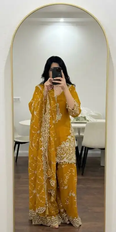 ZSR 3187 Yellow Faux Georgette Salwar Suit with Mirror Work & Embroidery Work. Get it for ₹2349. Delivery 4-6 Working Days. Shop now. | Casual Suits, Jump Suits, Creative suits, Designer Suits, Palazzo Suits, Party Wear Suits, Patiala Suits, Salwar suit, Straight Suits