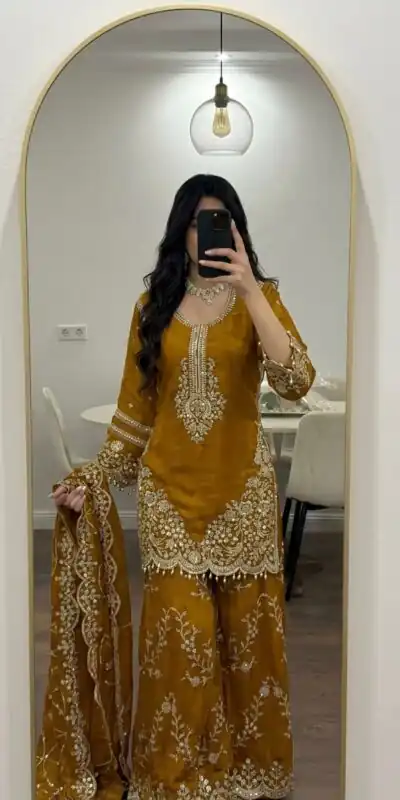 ZSR 3187 Yellow Faux Georgette Salwar Suit with Mirror Work & Embroidery Work. Get it for ₹2349. Delivery 4-6 Working Days. Shop now. | Casual Suits, Jump Suits, Creative suits, Designer Suits, Palazzo Suits, Party Wear Suits, Patiala Suits, Salwar suit, Straight Suits