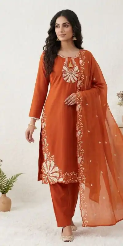 BE 502 Orange Roman Silk Salwar Suit with Sequins Work & Embroidery Work. Available at ₹2199 only. Delivery 4-6 Working Days. Shop now. | Casual Suits, Jump Suits, Creative suits, Designer Suits, Palazzo Suits, Party Wear Suits, Patiala Suits, Salwar suit, Straight Suits