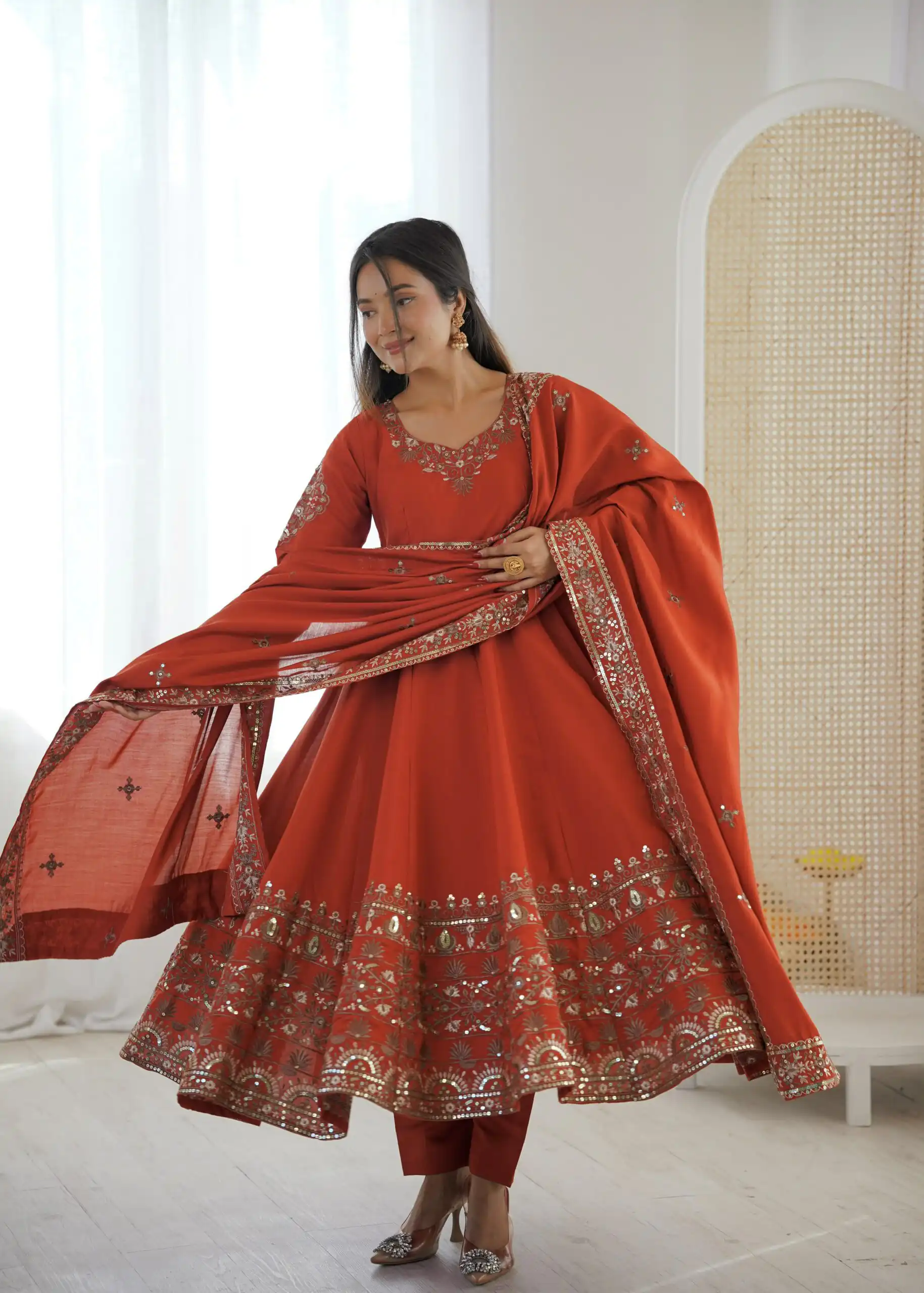 ZF 5016 Orange Roman Silk Gown with Embroidery Work. Wedding, Party, Festive, Events, Navratri, Exclusive Offer ₹2499. Delivery 4-6 Working Days. Shop now. | Bollywood Gowns, Creative Gowns, Designer Gowns, Embroidered Gowns, Gowns, Party Wear Gowns