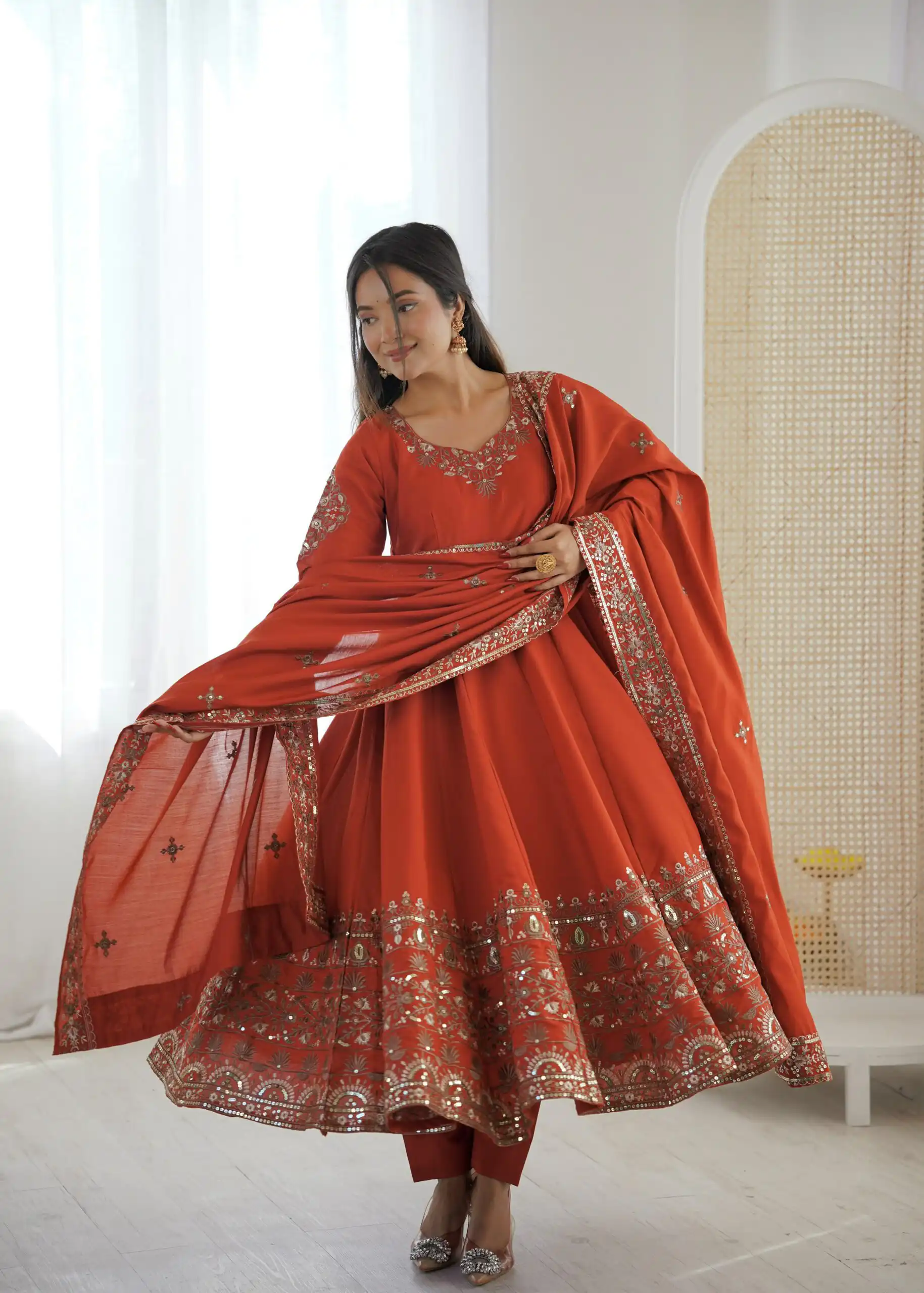 ZF 5016 Orange Roman Silk Gown with Embroidery Work. Wedding, Party, Festive, Events, Navratri, Exclusive Offer ₹2499. Delivery 4-6 Working Days. Shop now. | Bollywood Gowns, Creative Gowns, Designer Gowns, Embroidered Gowns, Gowns, Party Wear Gowns
