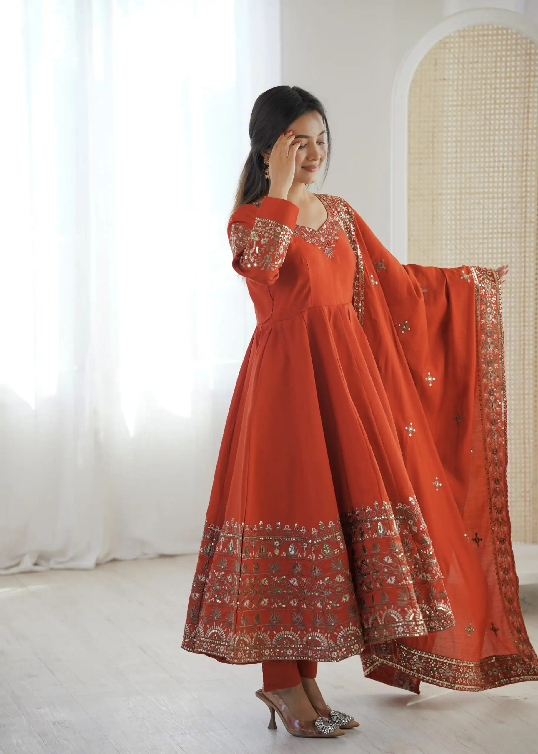 ZF 5016 Orange Roman Silk Gown with Embroidery Work. Wedding, Party, Festive, Events, Navratri, Exclusive Offer ₹2499. Delivery 4-6 Working Days. Shop now. | Bollywood Gowns, Creative Gowns, Designer Gowns, Embroidered Gowns, Gowns, Party Wear Gowns