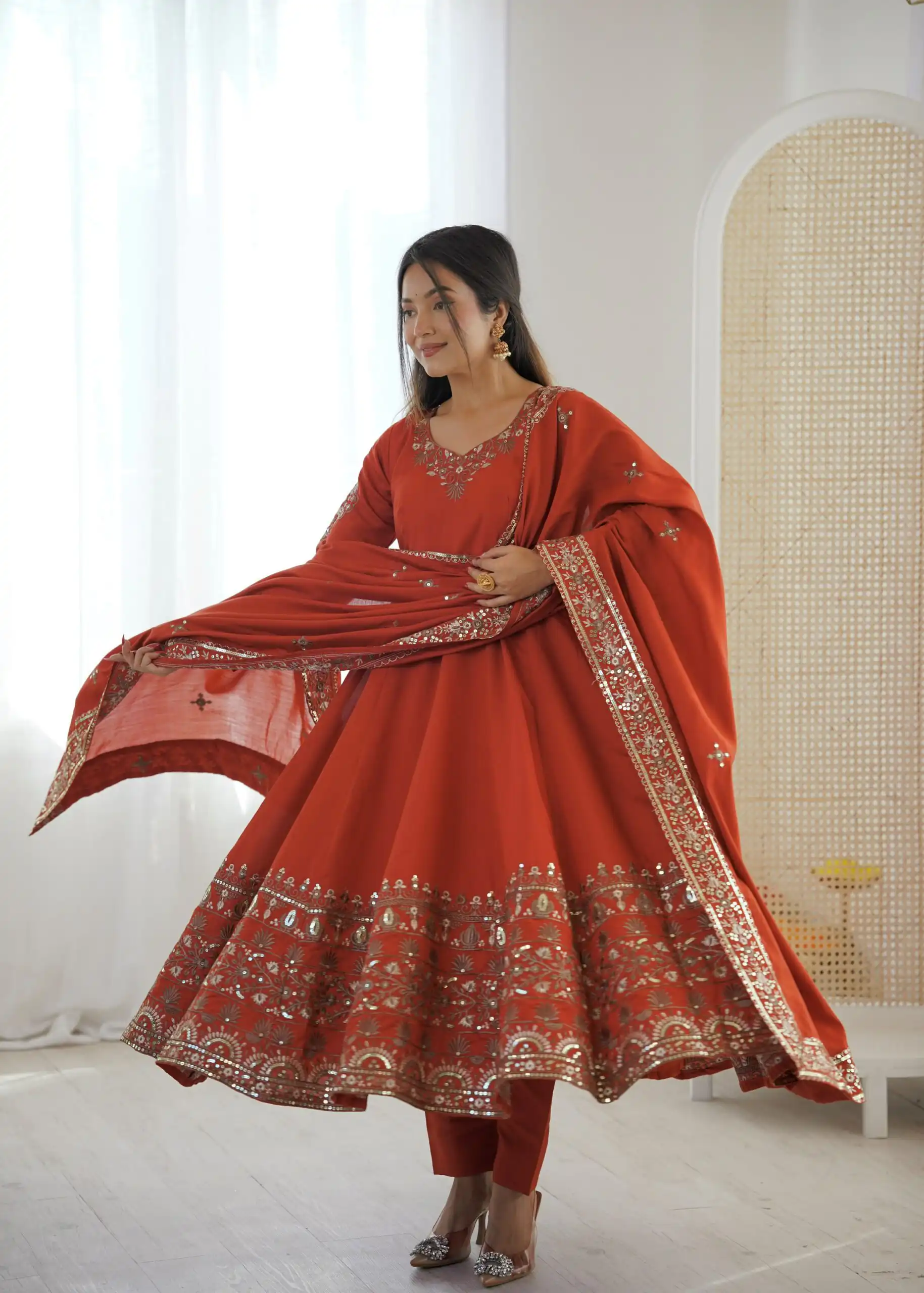 ZF 5016 Orange Roman Silk Gown with Embroidery Work. Wedding, Party, Festive, Events, Navratri, Exclusive Offer ₹2499. Delivery 4-6 Working Days. Shop now. | Bollywood Gowns, Creative Gowns, Designer Gowns, Embroidered Gowns, Gowns, Party Wear Gowns