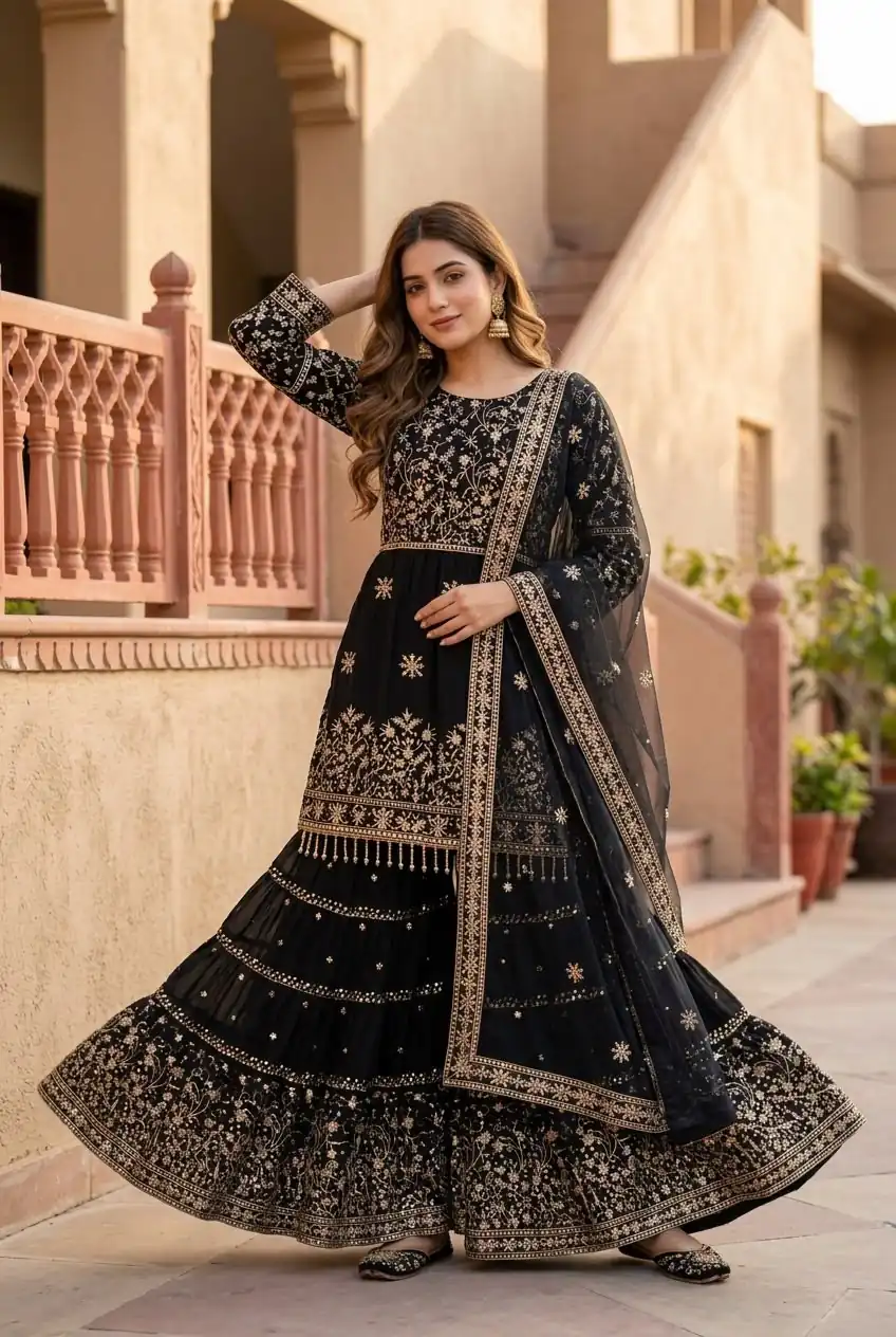 KF 1735 Black Faux Georgette Salwar Suit with Mirror Work & Embroidery Work. Get it for ₹2949. Delivery 4-6 Working Days. Shop now. | Casual Suits, Jump Suits, Creative suits, Designer Suits, Palazzo Suits, Party Wear Suits, Patiala Suits, Salwar suit, Straight Suits