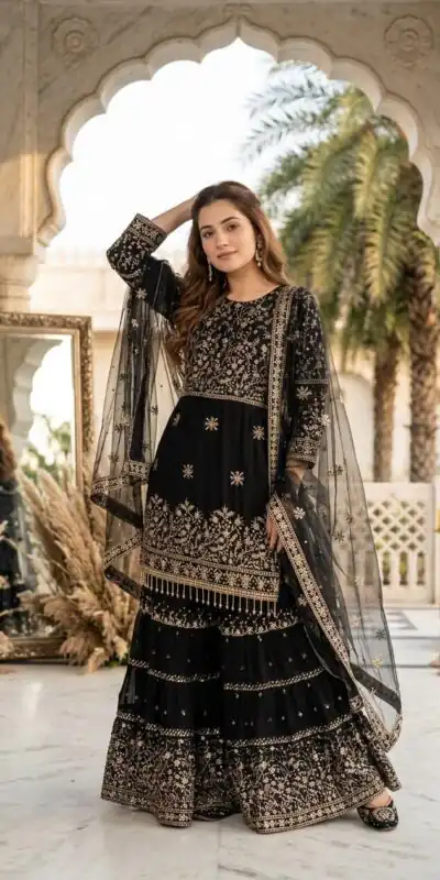 KF 1735 Black Faux Georgette Salwar Suit with Mirror Work & Embroidery Work. Get it for ₹2949. Delivery 4-6 Working Days. Shop now. | Casual Suits, Jump Suits, Creative suits, Designer Suits, Palazzo Suits, Party Wear Suits, Patiala Suits, Salwar suit, Straight Suits