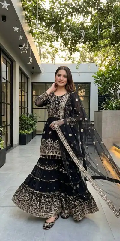 KF 1735 Black Faux Georgette Salwar Suit with Mirror Work & Embroidery Work. Get it for ₹2949. Delivery 4-6 Working Days. Shop now. | Casual Suits, Jump Suits, Creative suits, Designer Suits, Palazzo Suits, Party Wear Suits, Patiala Suits, Salwar suit, Straight Suits