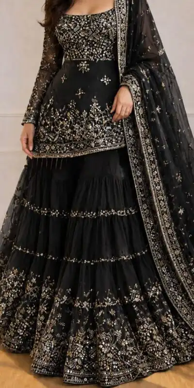 KF 1735 Black Faux Georgette Salwar Suit with Mirror Work & Embroidery Work. Get it for ₹2949. Delivery 4-6 Working Days. Shop now. | Casual Suits, Jump Suits, Creative suits, Designer Suits, Palazzo Suits, Party Wear Suits, Patiala Suits, Salwar suit, Straight Suits