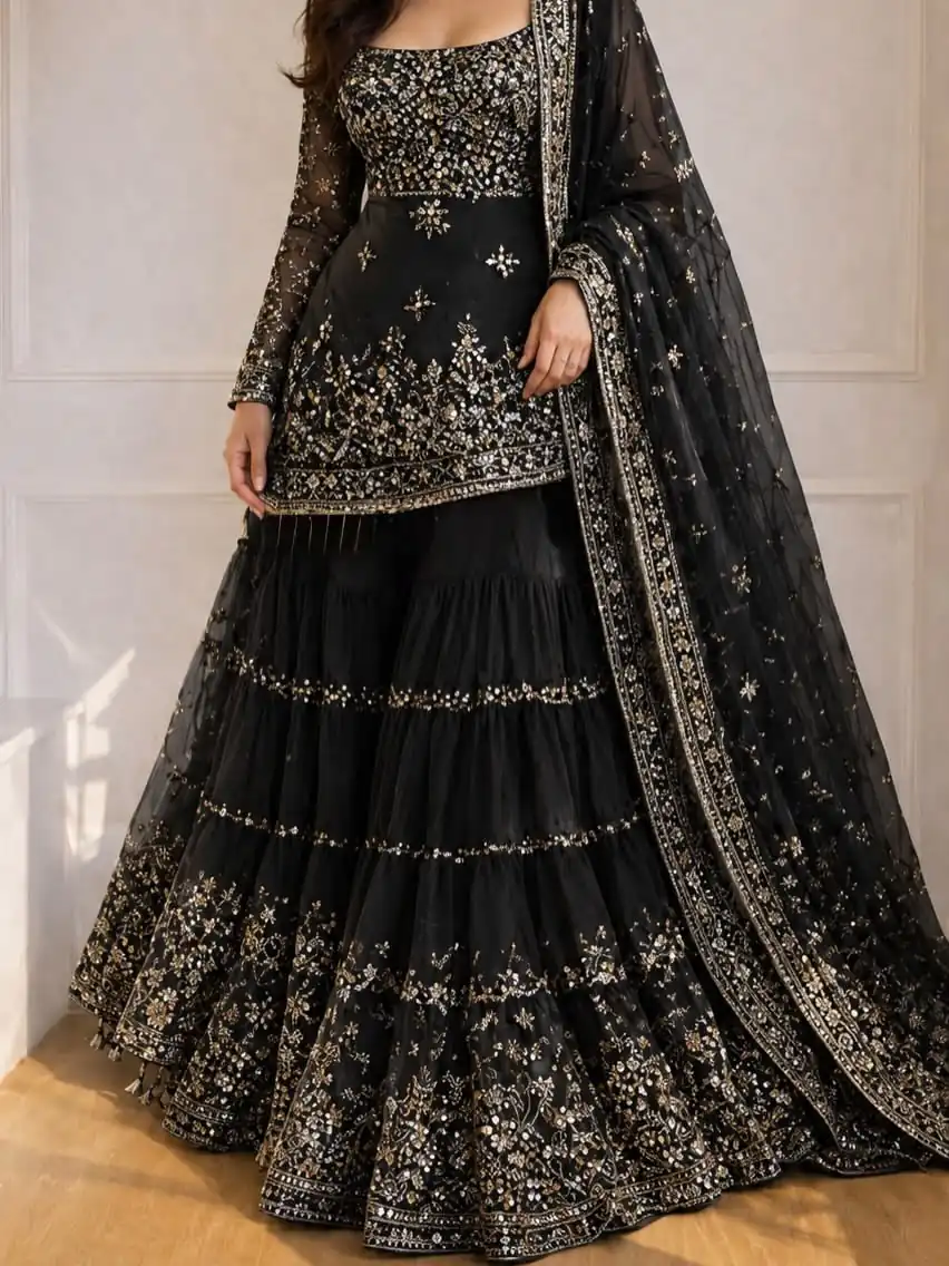 KF 1735 Black Faux Georgette Salwar Suit with Mirror Work & Embroidery Work. Get it for ₹2949. Delivery 4-6 Working Days. Shop now. | Casual Suits, Jump Suits, Creative suits, Designer Suits, Palazzo Suits, Party Wear Suits, Patiala Suits, Salwar suit, Straight Suits