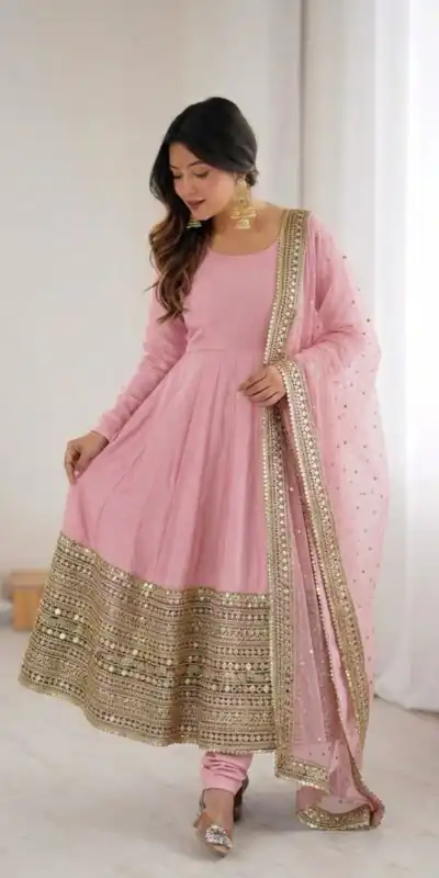 ZSR 3152 Pink Color Roman silk Gown with Embroidery Work & Lace Work. Grab it for ₹2599. Delivery 4-6 Working Days. Shop now. | Bollywood Gowns, Creative Gowns, Designer Gowns, Embroidered Gowns, Gowns, Party Wear Gowns